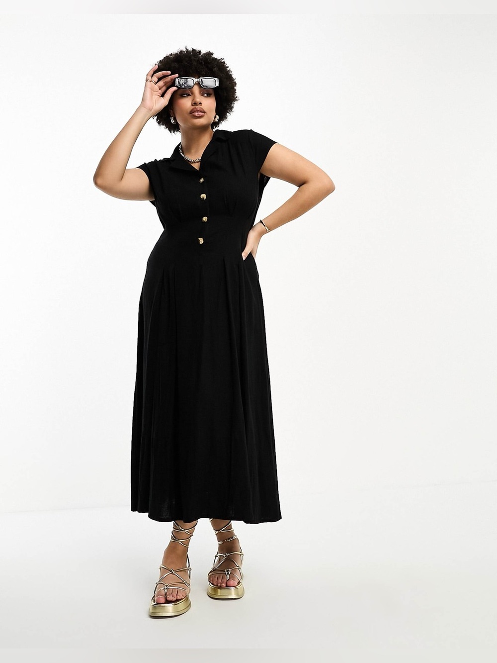 ASOS DESIGN Curve Black Linen Midi Shirt Dress Pin Tucks